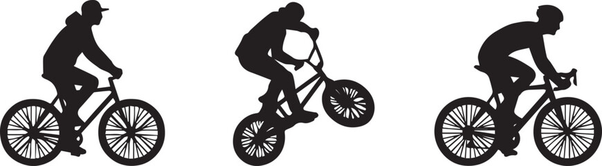 Naklejka premium Cycling Silhouette Vector Set with Casual, BMX, and Racing Riders