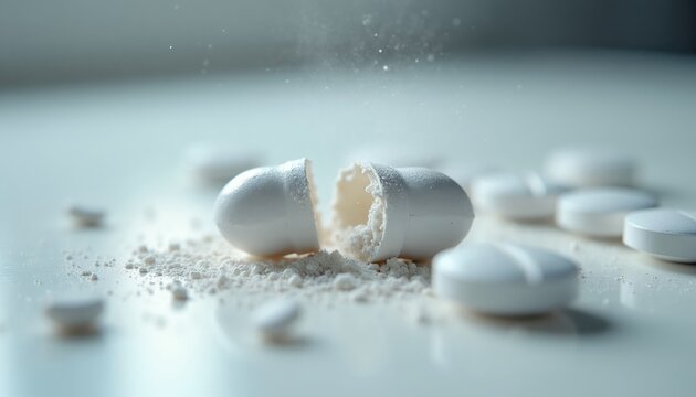 White pill breaks apart releasing powder. Medicine fragments scatter on table. Tablets in background. Concept of drug disintegration or health care issues. Science and research.