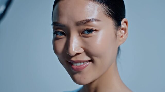 Close-up portrait of a young East Asian woman with slicked-back dark hair and light blue eyes looking directly at the camera against a neutral blue studio background with soft lighting.
