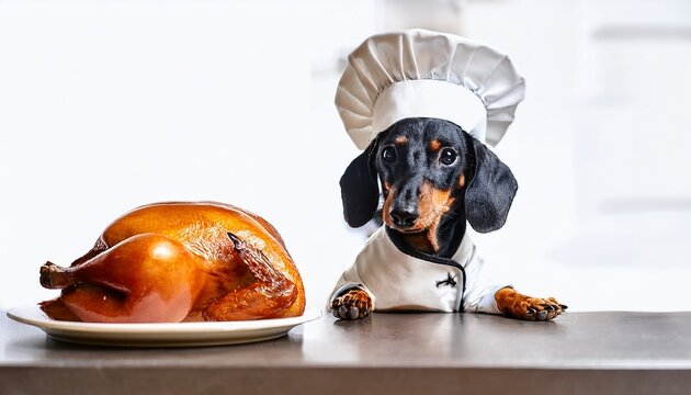 dachshund in chef outfit looking at chicken on kitchen counter