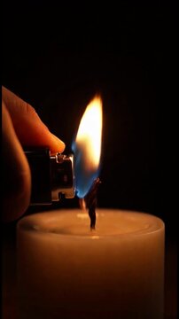 Person lighting a wax candle with a lighter and extinguishing the flame with a candle snuffer in a dark room