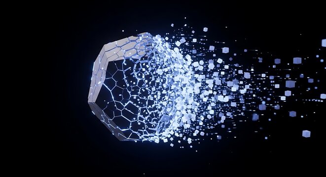 Digital object shattering into glowing blue pixels against black background