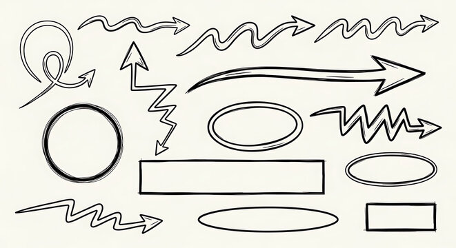 Collection of sketchy hand drawn directional arrows circles rectangles and oval frame shapes for annotations and graphic design elements with rectangle direction scribble collection highlight