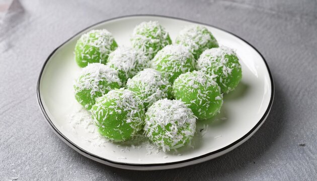 traditional indonesian klepon balls covered in shredded coconut made from glutinous rice flour with sweet palm sugar filling served on white plate