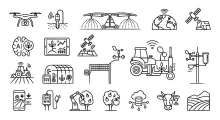 Smart agriculture outline icon collection with AI drone and farming technology vector illustrations © Jasim
