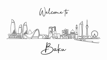 Fototapeta premium Baku Azerbaijan skyline line art illustration, travel tourism concept