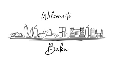 Fototapeta premium Baku Azerbaijan Skyline Line Art Illustration - Welcome City Concept