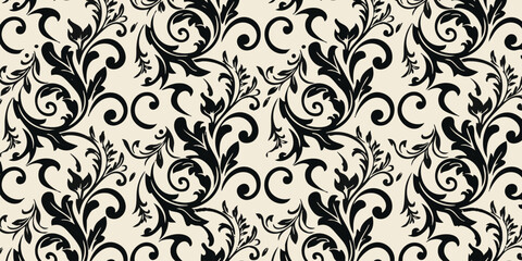 A beautiful floral damask pattern featuring intricate black designs on a cream background © Dhani