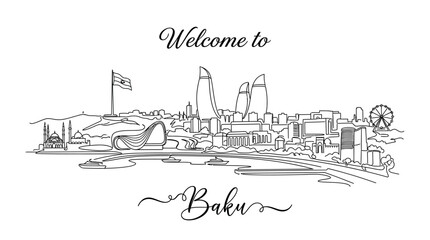 Obraz premium Baku Skyline Sketch - Azerbaijan Cityscape Illustration