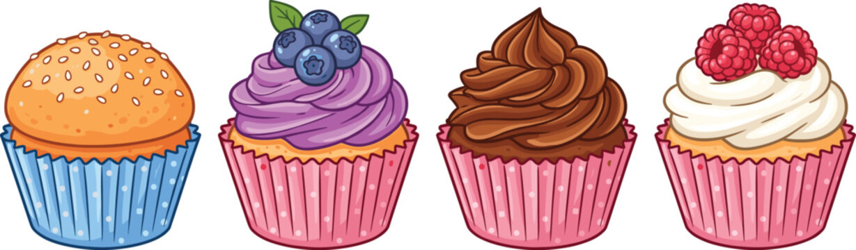 MobileSet of delicious cupcakes with various toppings and frosting, cad drawing flat vector illustration, sweet bakery dessert collection