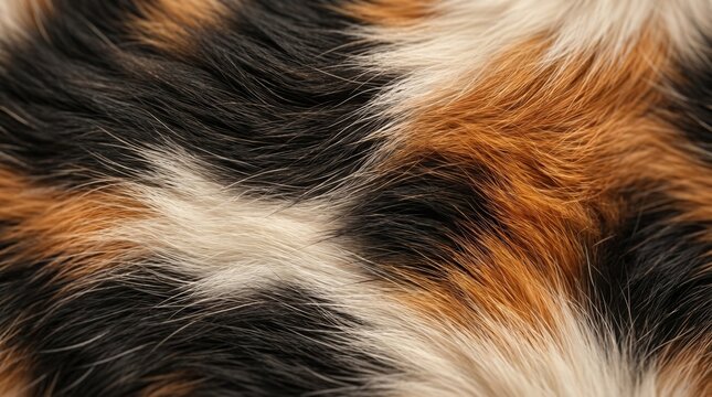 Extreme close-up macro shot of calico cat fur, showcasing the intricate textures and patterns of black, white, and orange strands