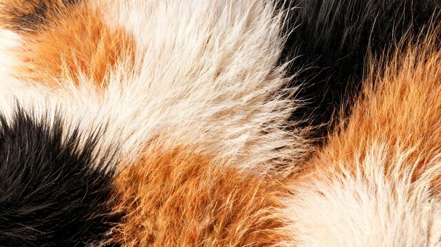 Close-up abstract view of fluffy calico cat fur, highlighting the soft textures and vibrant mix of black, white, and orange colors