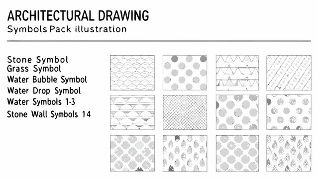 architectural drawing symbols pack illustration featuring stone grass water bubble and drop patterns