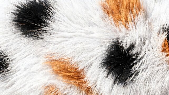Close-up texture of calico cat fur, featuring a detailed mix of white, black, and ginger fur strands, showcasing natural animal patterns