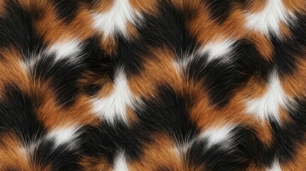 Naklejka premium Seamless pattern of realistic calico cat fur texture, featuring a blend of white, black, and warm orange-brown patches for a natural animal print.