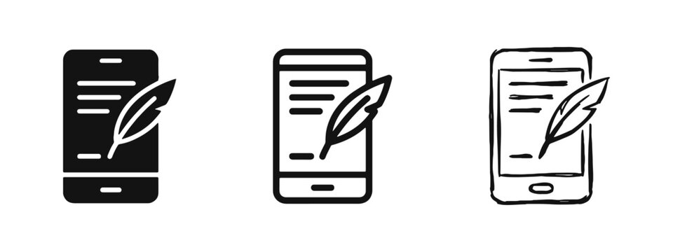 Digital Writing and Mobile Blogging Icons with Smartphone and Quill