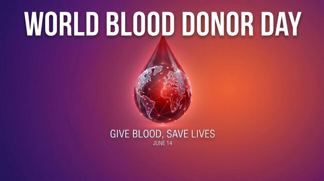 World Blood Donor Day june 14  conceptual poster. 3D red glass blood drop with global network earth map on a gradient background. Give blood save lives.