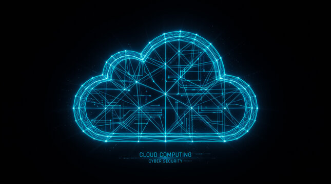 This digital photograph displays a glowing blue cloud computing icon constructed from intricate geometric lines and nodes representing advanced data storage technology and secure network connectivity 