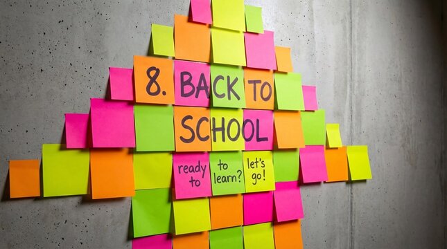 Colorful back to school sticky notes on concrete wall with motivational messages