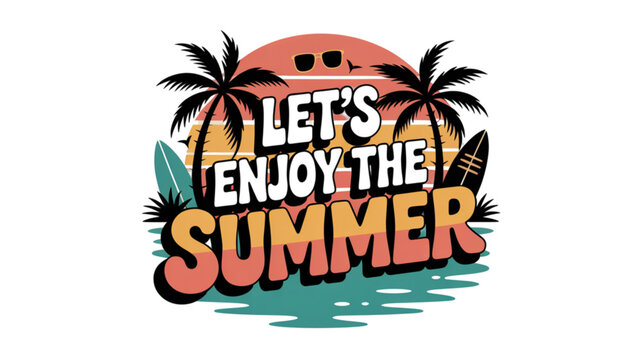 Colorful summer text with palm leaves and sun illustration for vacation or holiday theme Vector