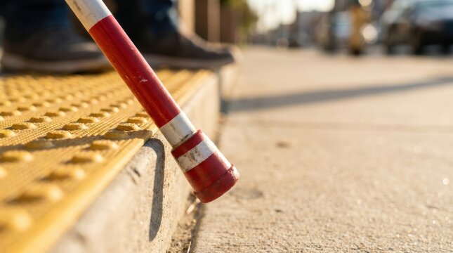 Close up of a white and red cane resting on tactile paving at a street curb