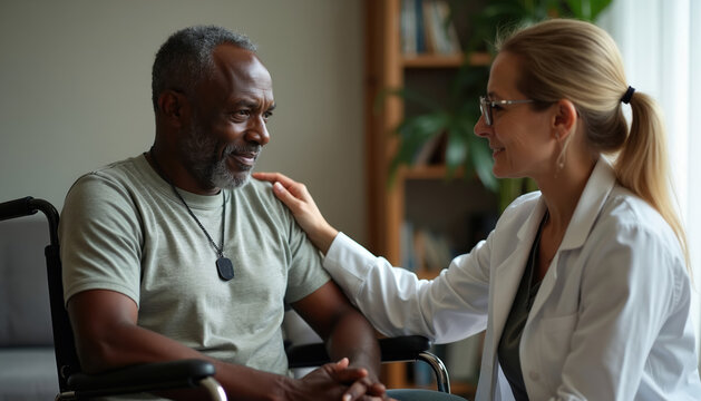 Black war veteran with disability talks with female therapist. Psychologist offers moral support and care during conversation. Man in wheelchair receives comfort. Health.