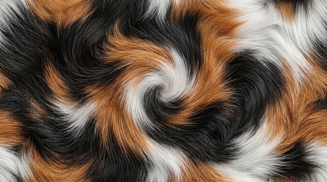 Abstract swirling pattern of calico cat fur, featuring flowing strands of orange, black, and white, creating a dynamic and organic visual texture.