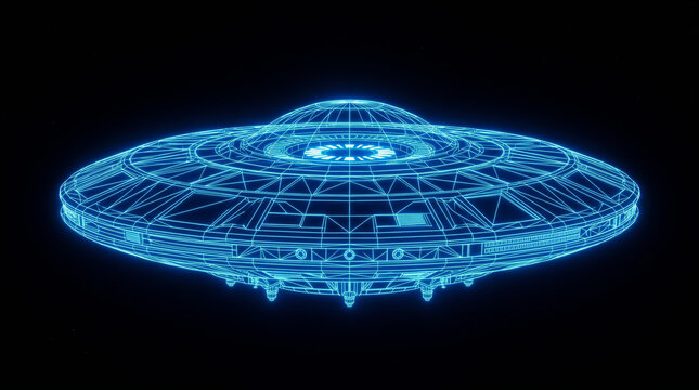 This glowing blue wireframe ufo spaceship model is rendered as a detailed digital graphic illustration showcasing advanced extraterrestrial technology floating in deep space for a cinematic science fi