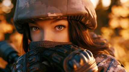 Fototapeta premium Young woman soldier wearing military helmet and tactical gloves in nature. Portrait of determined female fighter protecting country. Patriotism, defense, armed force and duty concept.