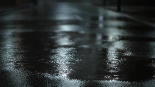 Raindrops falling on wet asphalt street surface creating ripples