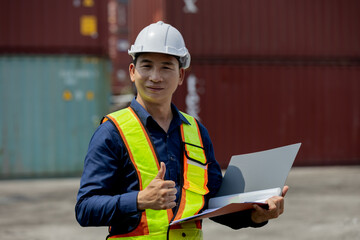 Fototapeta premium Construction worker in safety gear holding a laptop and giving thumbs up at a shipping container yard.