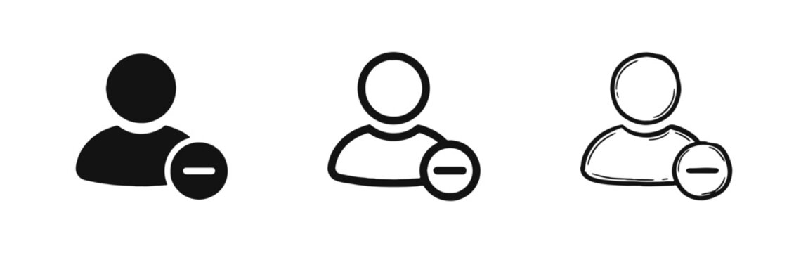 Delete User Icon Set - Remove Member and Unsubscribe Symbols in Solid Outline and Doodle Styles