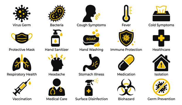 Black and Yellow Illness and Germ Icon Collection with Medical Healthcare and Virus Protection Symbols