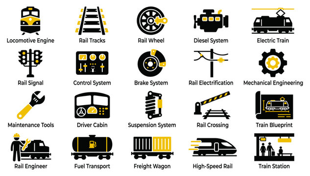 Black and Yellow Locomotive Engineering Icon Collection with Railway Transport and Train Maintenance Symbols