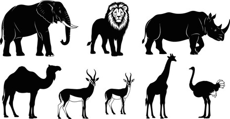 African safari animal silhouettes, elephant, lion, rhino, giraffe, ostrich, camel, gazelle, wildlife collection, black vector icons for logo and design.  © Ahsan