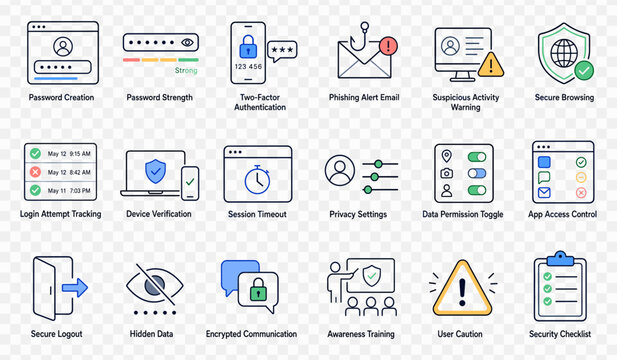 Modern cybersecurity icon set featuring data privacy and network security elements in a flat outline style for web design and app development