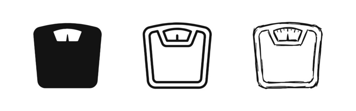 Weighing Scale Icon Set - Fitness and Dieting Symbols in Solid Outline and Hand Drawn Styles
