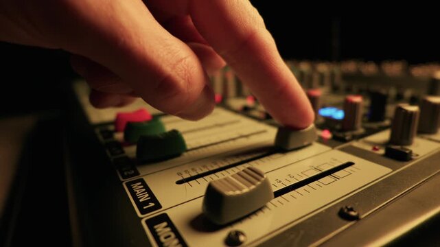 Finger slowly pushes up the volume fader on a professional audio mixing console illuminated by vibrant neon purple studio lighting. Concept of music production and live event sound.