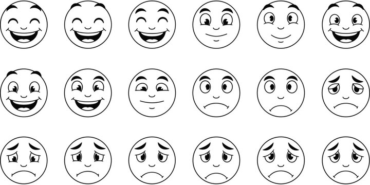 Set of funny cartoon character faces with different emotions like happy, laughing, sad, and surprised icons isolated on white background.
