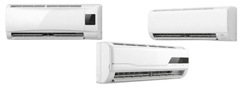 A Set of Wall Air Conditioner PNG Images, Modern Split AC Cooling Units, White Climate Control Appliances for Comfortable Home and Office Interior Design


