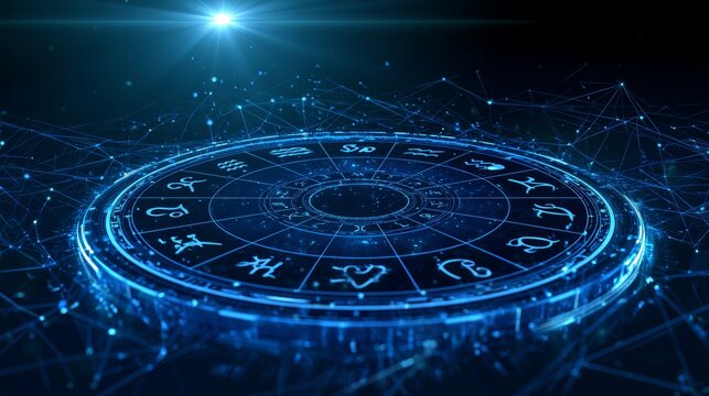 Glowing blue zodiac wheel connecting with digital network, embodying future astrology, cosmic technology, and destiny predictions