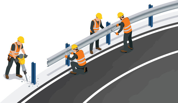 Isometric road construction workers installing highway guardrails and using jackhammer, infrastructure repair vector illustration