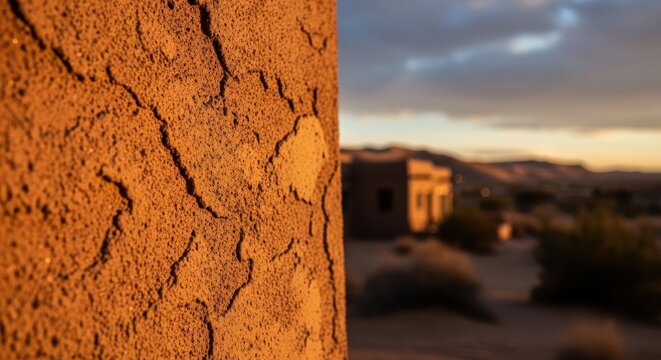 Warm, textured adobe plaster wall with a hint of building and sky in the background.