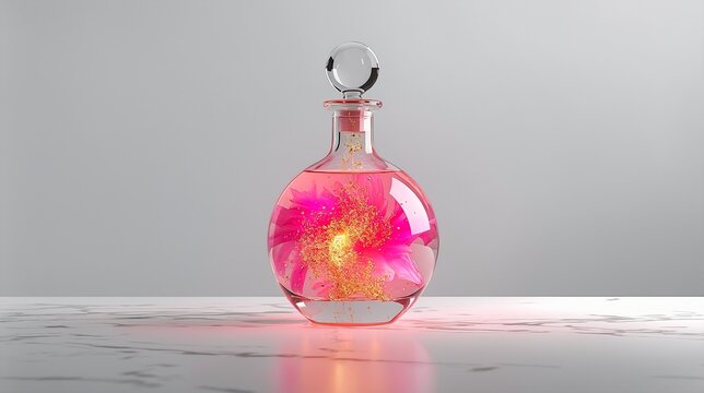 Luxury glass decanter with glowing neon fuchsia and gold molecular liquid