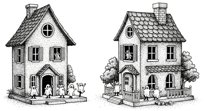 Two charming haunted houses with friendly ghosts outside.