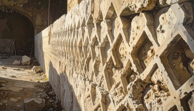 Ancient Roman diamond-shaped tufa stone wall pattern in heritage architecture close-up