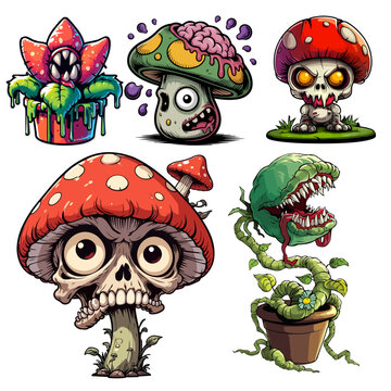 Collection of creepy monster mushrooms, evil flowers and scary carnivorous flytrap plants with sharp teeth and angry expressions. Fantasy cartoon vector set for stickers, gaming, tattoo, mascot and ho