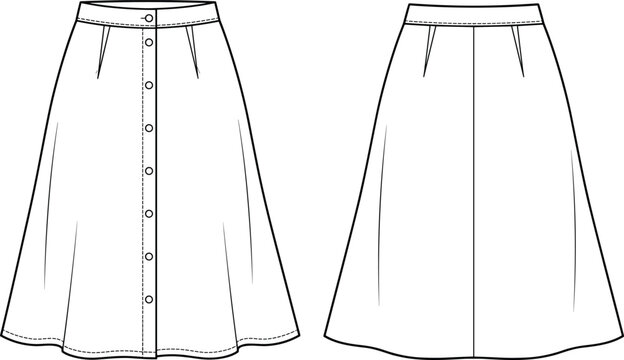 Elegant A Line Button Front Midi Skirt Front and Back View Fashion Illustration Template Design