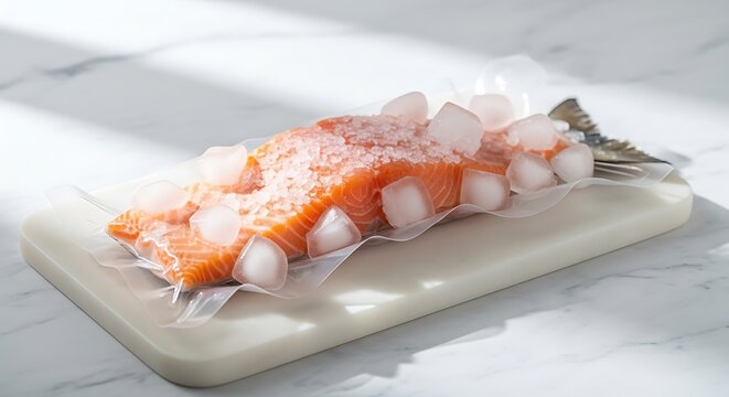 Fresh raw salmon fillet fish piece with ice cubes on a stone board for healthy cooking preparation. comida congelada