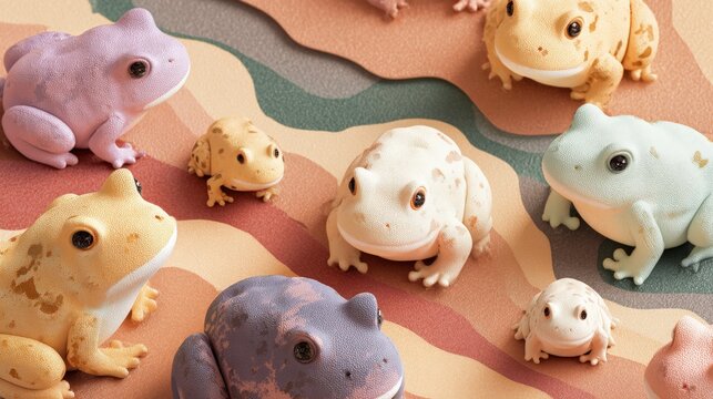 Cartoon-style frogs in multiple colors and sizes are positioned on a textured abstract background featuring wavy patterns and earthy tones